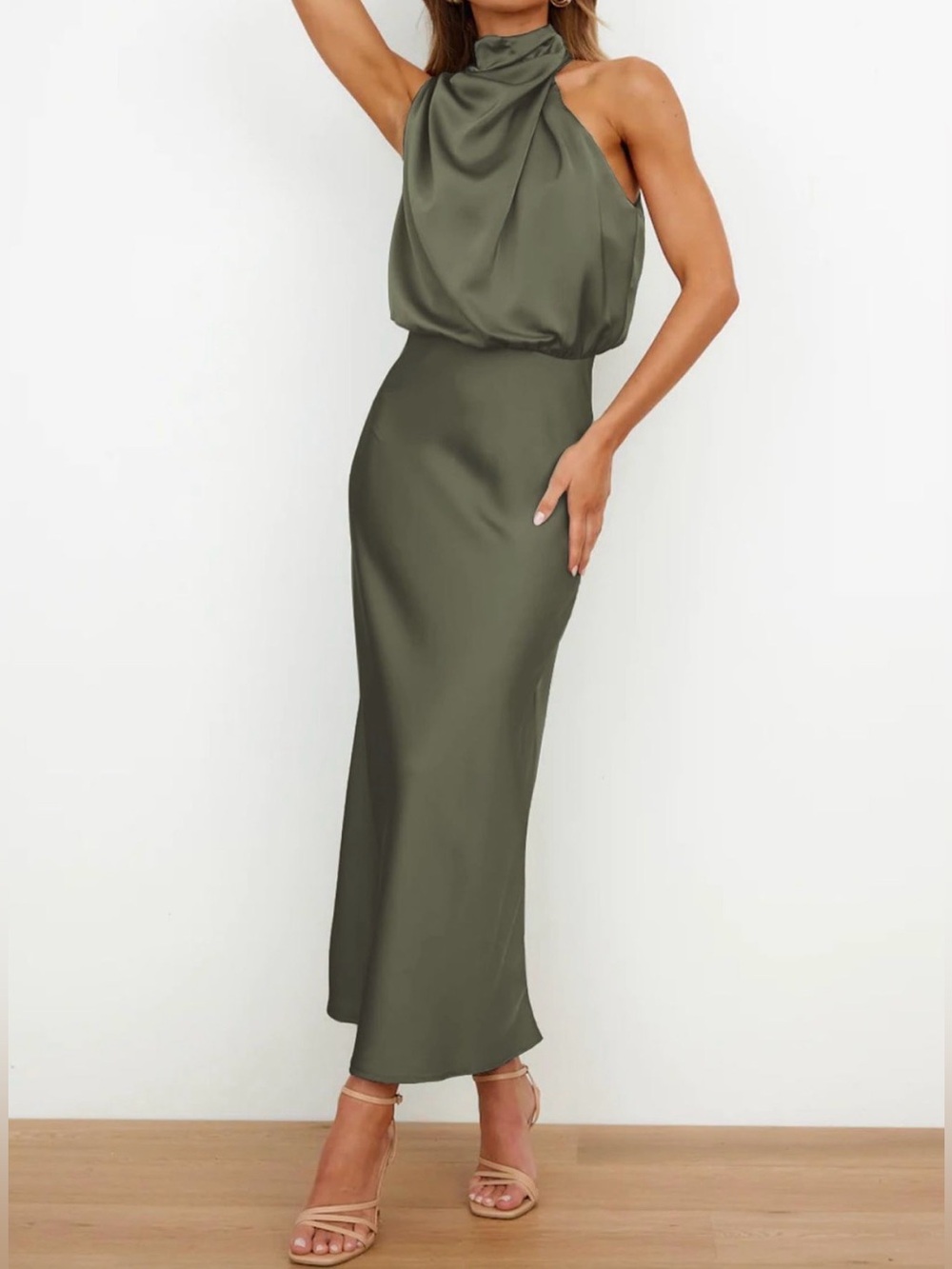 NWT Sleeveless Olive Maxi Dress with High Neck Sz S - Picture 4 of 6